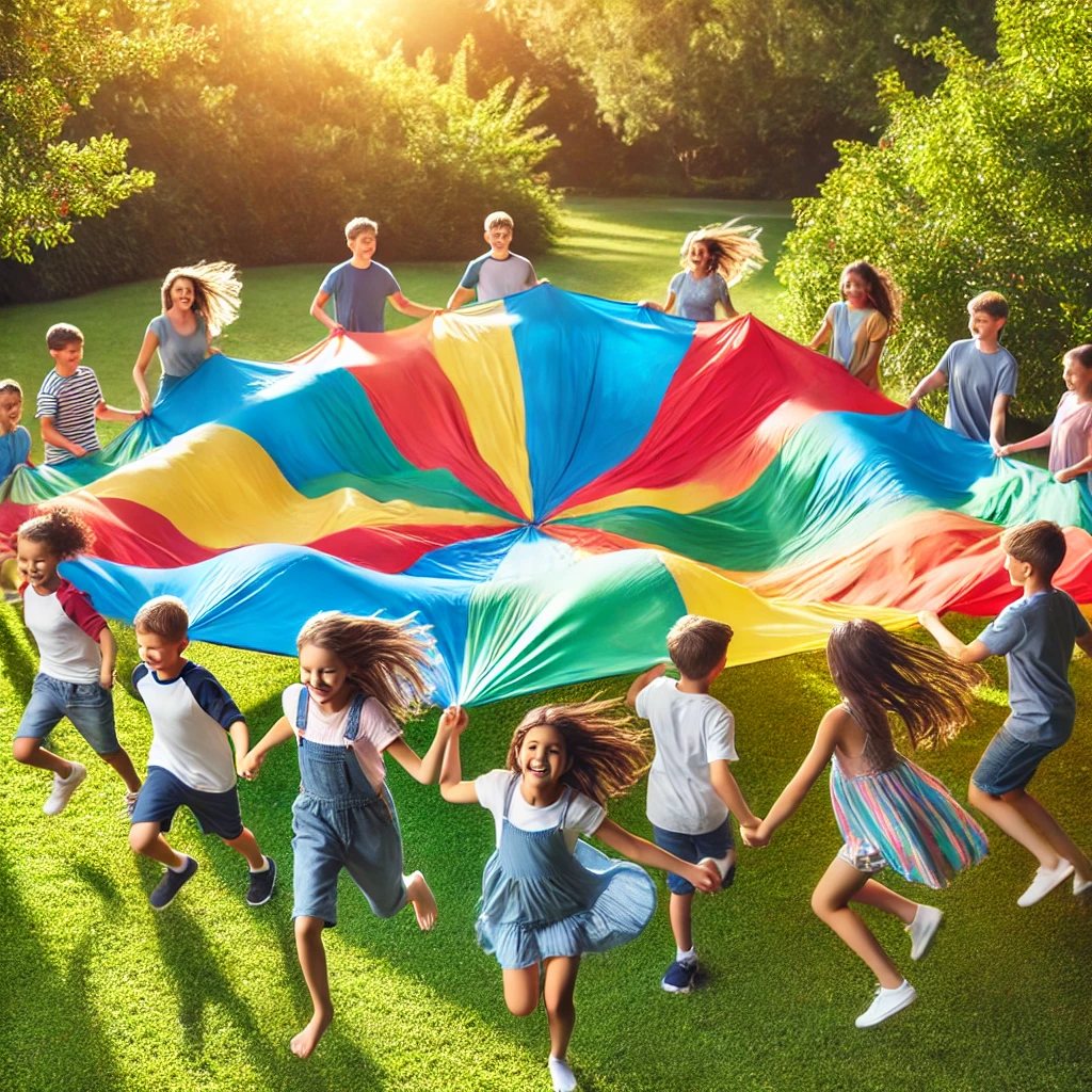 Juegos con paracaídas de las colonias urbanas de verano en Leganés